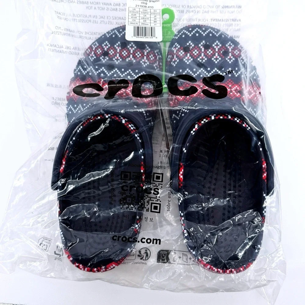 Crocs Baya Holiday Graphic Clog Mens Size 10 Navy Blue Fair‎ Isle Comfy Gift NWT